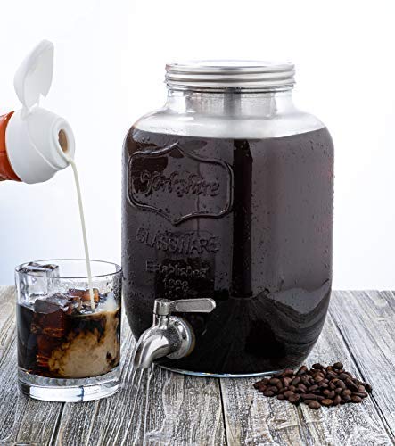 1 Gallon Cold Brew Coffee Maker | Easy Pour Stainless Steel Spigot Tap, Removable Fine Mesh Filter | Extra Thick Glass Cold Brew Pitcher Brewing System Iced Coffee Maker | Refrigerator Safe