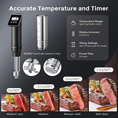 KitchenBoss WIFI Sous Vide Cooker: Ultra-Quiet Sous-vide Cooking Machine 1100 Watts Stainless Steel Immersion Circulator for Kitchen with TFT Preset Recipes, Black