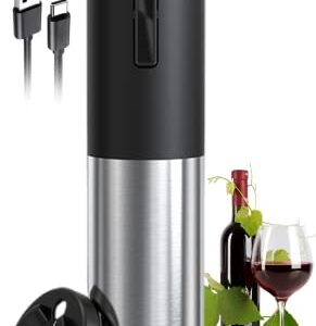 Electric Wine Opener, Automatic Electric Wine Bottle Corkscrew Opener with Foil Cutter, Rechargeable (Stainless Steel)