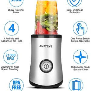 Amateys Personal Blender with Button,Professional Kitchen Blender for Smoothies and Shakes,17oz Portable Smoothie Blender ,Easy Cleaning&Operation,Height 12 Inch Suitable for Travel Carrying or Storage