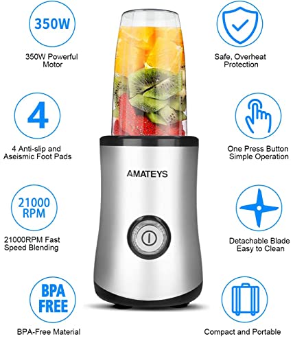 Amateys Personal Blender with Button,Professional Kitchen Blender for Smoothies and Shakes,17oz Portable Smoothie Blender ,Easy Cleaning&Operation,Height 12 Inch Suitable for Travel Carrying or Storage