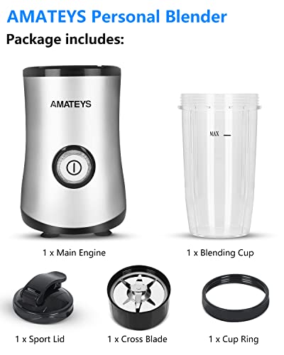 Amateys Personal Blender with Button,Professional Kitchen Blender for Smoothies and Shakes,17oz Portable Smoothie Blender ,Easy Cleaning&Operation,Height 12 Inch Suitable for Travel Carrying or Storage