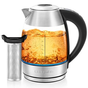 chefman 1.8l digital electric glass kettle+ w/ rapid-boiling & 7 presets for precise temperature, stainless steel tea infuser included, advanced digital control