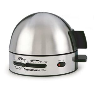 chef’schoice 810 gourmet egg cooker with 7 egg capacity makes soft medium hard boiled and poached eggs features electronic timer audible ready signal nonstick stainless steel design, 7-eggs, silver