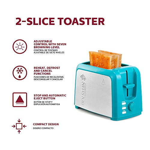 Holstein Housewares - 2-Slice Toaster with 7 Browning Control Settings, Teal/Stainless Steel - Great to Toast Bread, Bagels and Waffles