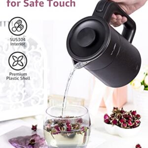 WTJMOV 0.6L Small Electric Tea Kettle Lightweight, Double Wall Hot Water Boiler Stainless Steel Auto Shut-off, 120V Portable Travel Electric Kettle Fast Boil for Tea and Coffee, Black