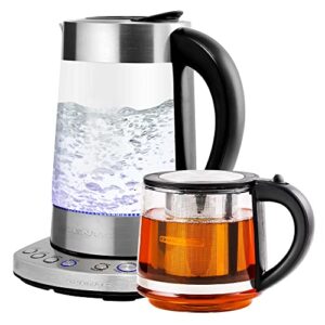 ovente glass electric kettle hot water boiler 1.7 liter prontofill tech portable kettle w/ set temperature control, 1500w keep warm bpa free w/ stainless steel base – kg733s + glass tea pot infuser