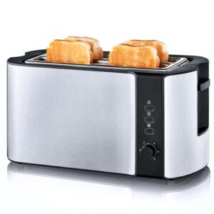 toaster 4 slice, long slot toaster stainless steel toaster, 2 slice toaster for bagel bread, built-in warming rack bread toaster, defrost/reheat/cancel stylish design, compact toaster 1300w, silver