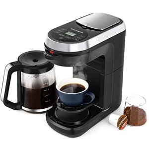 dual brew coffee maker, programmable coffee machine and single serve brewer with glass carafe for k cup pod and ground coffee, drip coffee maker with self cleaning function and 60oz water tank