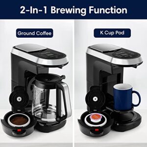 Dual Brew Coffee Maker, Programmable Coffee Machine and Single Serve Brewer with Glass Carafe for K Cup Pod and Ground Coffee, Drip Coffee Maker with Self Cleaning Function and 60oz Water Tank