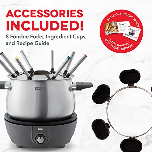Dash Deluxe Stainless Steel Fondue Maker with Temperature Control, Fondue Forks, Cups, and Rack, with Recipe Guide Included, 3-Quart, Non-Stick – Grey