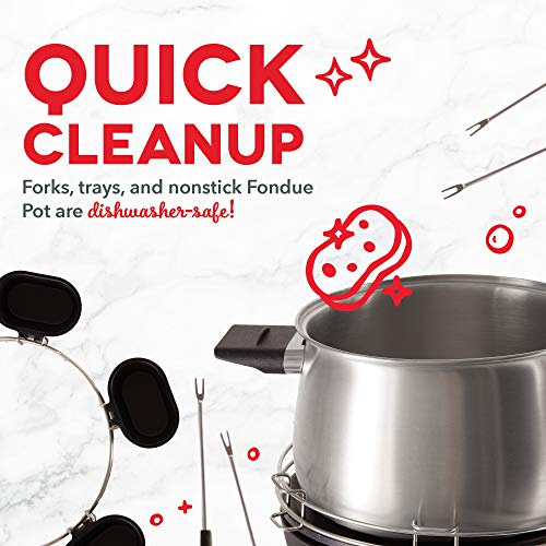 Dash Deluxe Stainless Steel Fondue Maker with Temperature Control, Fondue Forks, Cups, and Rack, with Recipe Guide Included, 3-Quart, Non-Stick – Grey