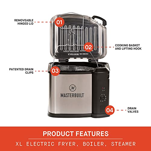 Masterbuilt MB20012420 Butterball XL 10 Liter Electric 3-in-1 Deep Fryer Boiler Steamer Cooker with Basket for Turkey, Seafood, & More, Silver