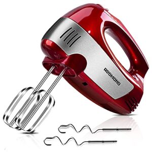 redmond hand mixer electric, 5-speed 300w power handheld kitchen mixer with turbo mode, kitchen mixer with attachment(2 beaters, 2 dough hooks),cake mixer, hand mixer for baking, red