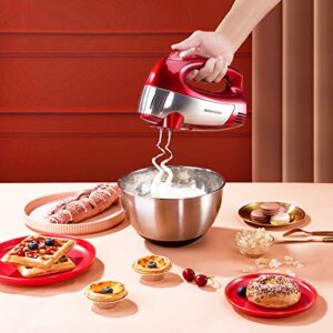 REDMOND Hand Mixer Electric, 5-Speed 300W Power Handheld Kitchen Mixer with Turbo Mode, Kitchen Mixer with Attachment(2 Beaters, 2 Dough Hooks),Cake Mixer, Hand Mixer for Baking, Red