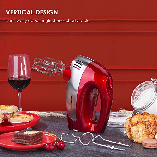 REDMOND Hand Mixer Electric, 5-Speed 300W Power Handheld Kitchen Mixer with Turbo Mode, Kitchen Mixer with Attachment(2 Beaters, 2 Dough Hooks),Cake Mixer, Hand Mixer for Baking, Red