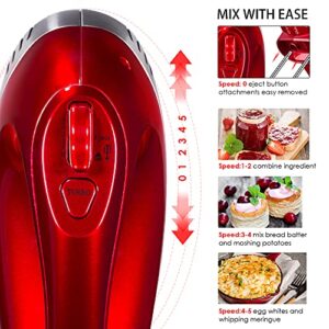 REDMOND Hand Mixer Electric, 5-Speed 300W Power Handheld Kitchen Mixer with Turbo Mode, Kitchen Mixer with Attachment(2 Beaters, 2 Dough Hooks),Cake Mixer, Hand Mixer for Baking, Red