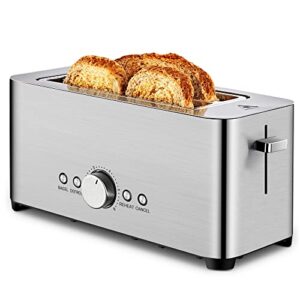 redmond toaster 4 slice, stainless steel toaster with bagel, defrost, reheat function, extra wide slots long slot toaster, 6 bread shade settings and removable crumb tray, silver