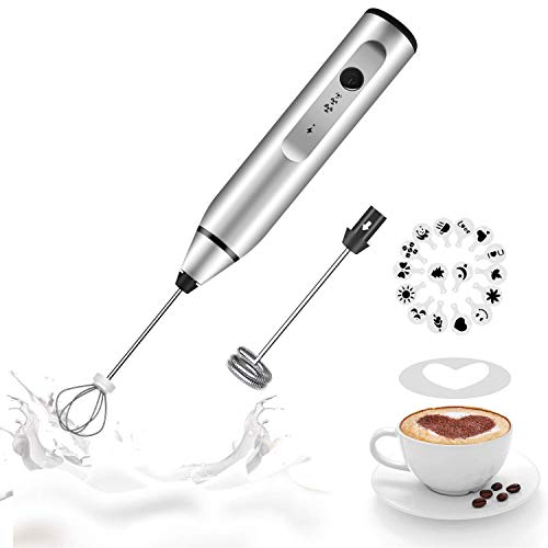 Milk Frother Handheld, Gbivbe Rechargeable Whisk Drink Mixer for Coffee with Art Stencils, Coffee Mixer for Cappuccino, Hot Chocolate Match, Frappe, Hot Chocolate, Egg Whisk