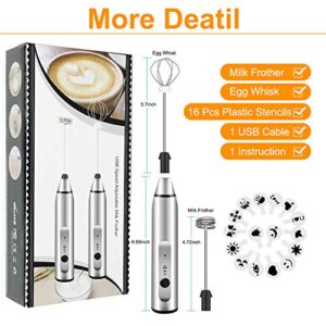 Milk Frother Handheld, Gbivbe Rechargeable Whisk Drink Mixer for Coffee with Art Stencils, Coffee Mixer for Cappuccino, Hot Chocolate Match, Frappe, Hot Chocolate, Egg Whisk