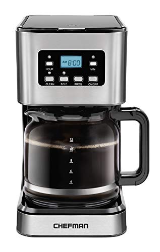 Chefman 12-Cup Programmable Coffee Maker, Electric Brewer, Auto Shut Off, Digital Display w/Auto-Brew Function, Anti-Drip Pot, Reusable Filter for Fresh Grounds, Square Stainless Steel, Glass Carafe