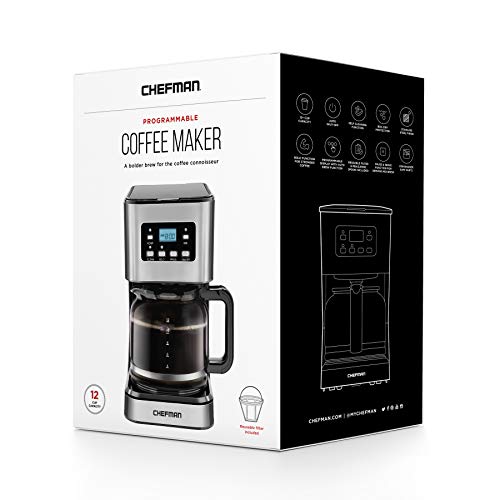 Chefman 12-Cup Programmable Coffee Maker, Electric Brewer, Auto Shut Off, Digital Display w/Auto-Brew Function, Anti-Drip Pot, Reusable Filter for Fresh Grounds, Square Stainless Steel, Glass Carafe