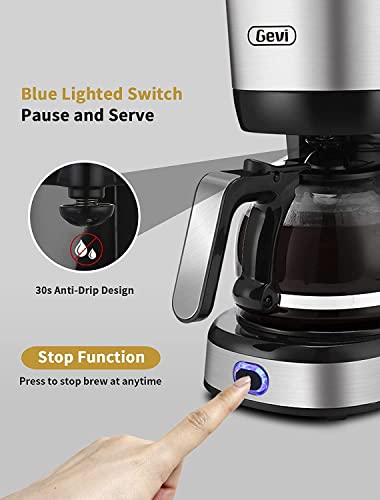 Gevi 4-Cup Coffee Maker with Auto-Shut Off, Small Drip Coffeemaker Compact Coffee Pot Brewer Machine with Cone Filter, Glass Carafe and Hot Plate, Stainless Steel Finish