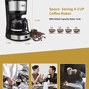 Gevi 4-Cup Coffee Maker with Auto-Shut Off, Small Drip Coffeemaker Compact Coffee Pot Brewer Machine with Cone Filter, Glass Carafe and Hot Plate, Stainless Steel Finish