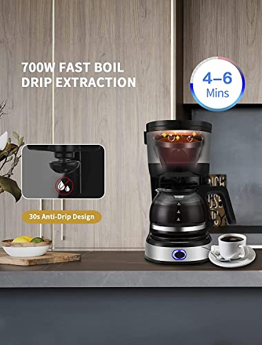 Gevi 4-Cup Coffee Maker with Auto-Shut Off, Small Drip Coffeemaker Compact Coffee Pot Brewer Machine with Cone Filter, Glass Carafe and Hot Plate, Stainless Steel Finish