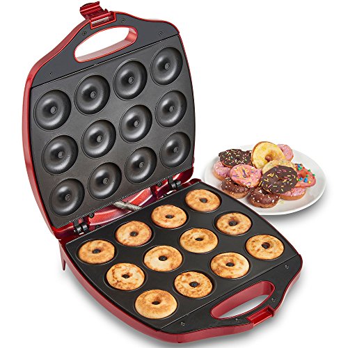 VonShef Mini Donut Maker – Donut Maker Machine for Home, Makes 12 Doughnuts, 1200W, Non-Stick Surface, Safe Cooking for Kids, a Unique Mini Appliance Gift – Red