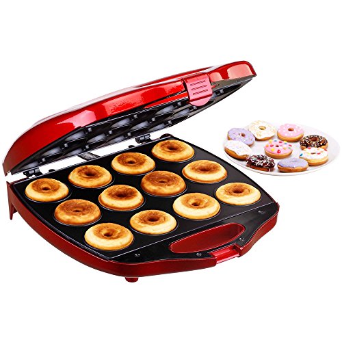 VonShef Mini Donut Maker – Donut Maker Machine for Home, Makes 12 Doughnuts, 1200W, Non-Stick Surface, Safe Cooking for Kids, a Unique Mini Appliance Gift – Red