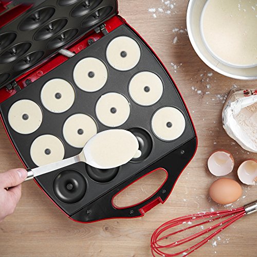 VonShef Mini Donut Maker – Donut Maker Machine for Home, Makes 12 Doughnuts, 1200W, Non-Stick Surface, Safe Cooking for Kids, a Unique Mini Appliance Gift – Red