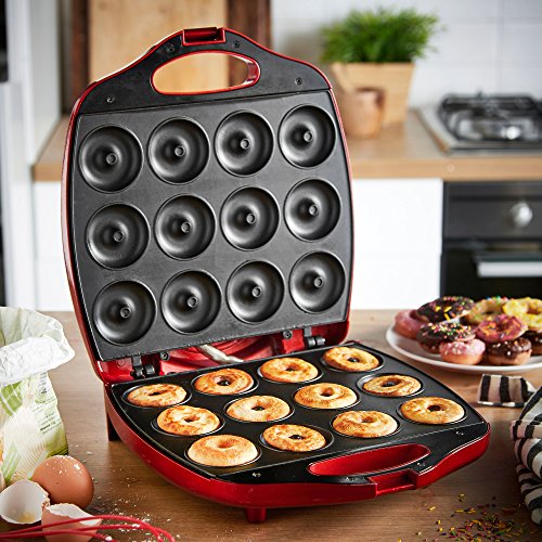 VonShef Mini Donut Maker – Donut Maker Machine for Home, Makes 12 Doughnuts, 1200W, Non-Stick Surface, Safe Cooking for Kids, a Unique Mini Appliance Gift – Red