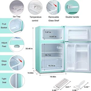 Antarctic Star Compact Mini Refrigerator Separate Freezer, Small Fridge Double 2-Door Adjustable Removable Retro Stainless Steel Shelves Garage Camper Basement/Dorm/Office 3.2 cu ft.Green