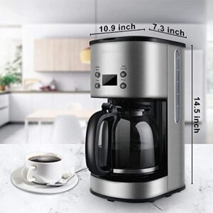 Drip Coffee Maker 12 Cup, Programmable Coffeemaker, Auto Shut-off Coffee Machine, 2 Hours Keep Warm Glass Coffee Pot, Grab-a-cup, LCD Display, Removable Filter,Stainless Steel, 1000W(Silver)