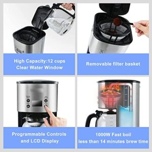 Drip Coffee Maker 12 Cup, Programmable Coffeemaker, Auto Shut-off Coffee Machine, 2 Hours Keep Warm Glass Coffee Pot, Grab-a-cup, LCD Display, Removable Filter,Stainless Steel, 1000W(Silver)
