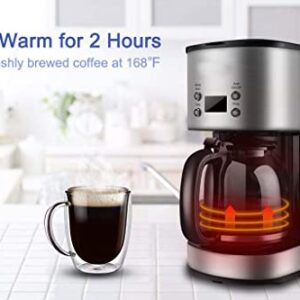 Drip Coffee Maker 12 Cup, Programmable Coffeemaker, Auto Shut-off Coffee Machine, 2 Hours Keep Warm Glass Coffee Pot, Grab-a-cup, LCD Display, Removable Filter,Stainless Steel, 1000W(Silver)