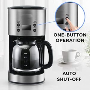 Drip Coffee Maker 12 Cup, Programmable Coffeemaker, Auto Shut-off Coffee Machine, 2 Hours Keep Warm Glass Coffee Pot, Grab-a-cup, LCD Display, Removable Filter,Stainless Steel, 1000W(Silver)