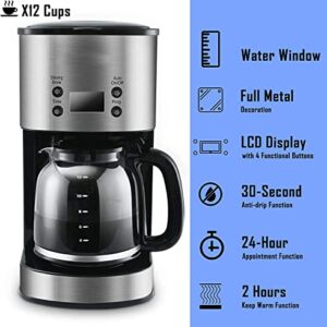 Drip Coffee Maker 12 Cup, Programmable Coffeemaker, Auto Shut-off Coffee Machine, 2 Hours Keep Warm Glass Coffee Pot, Grab-a-cup, LCD Display, Removable Filter,Stainless Steel, 1000W(Silver)