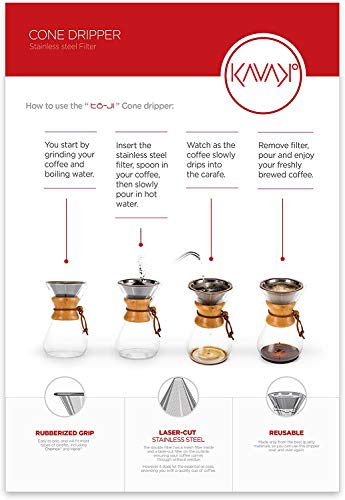 Kavako Glass Pour Over Coffee Maker with Double-layer Stainless Steel Filter, Coffee Dripper, with Cork Lid, Leather Collar Holder, 37 oz (7-Cup) (Double Layered Filter,)