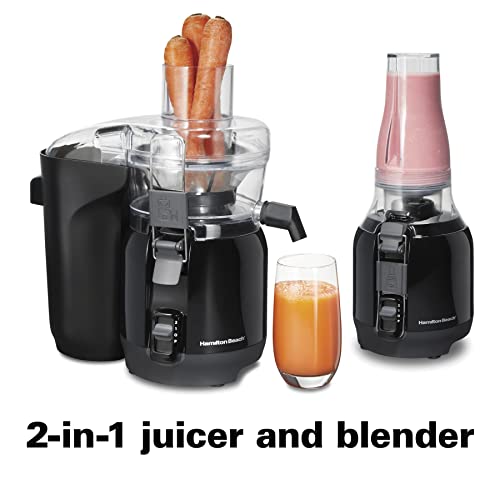 Hamilton Beach Juice & Blend 2-in-1 Juicer Machine and 20 oz. Blender, Big Mouth Large 3” Feed Chute for Whole Fruits and Vegetables, Easy to Clean, Centrifugal Extractor, 800W Motor, Black (67970)