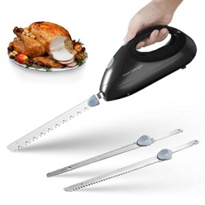 cook concept electric knife for carving meat, fish, turkey, bread, bone cutting, crafting foam and more. 2 interchangeable 8″ serrated stainless steel blades, fast slicing, lightweight