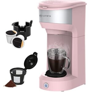 LITIFO Single Serve Coffee Maker for Ground coffee, Tea & K Cup Pod, 2-In-1 Small Coffee Machine with 6 to 14oz Reservoir, One-Button Fast Brew, Auto Shut-off & Self Cleaning Function (Pink)