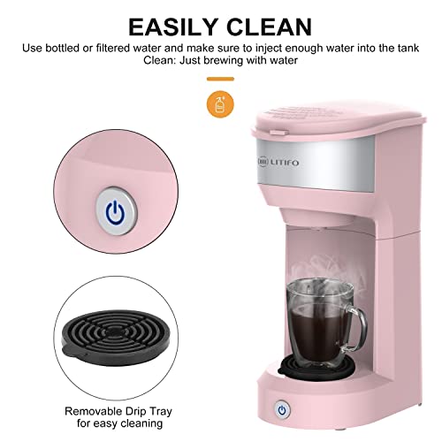 LITIFO Single Serve Coffee Maker for Ground coffee, Tea & K Cup Pod, 2-In-1 Small Coffee Machine with 6 to 14oz Reservoir, One-Button Fast Brew, Auto Shut-off & Self Cleaning Function (Pink)