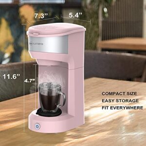 LITIFO Single Serve Coffee Maker for Ground coffee, Tea & K Cup Pod, 2-In-1 Small Coffee Machine with 6 to 14oz Reservoir, One-Button Fast Brew, Auto Shut-off & Self Cleaning Function (Pink)