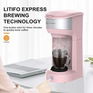 LITIFO Single Serve Coffee Maker for Ground coffee, Tea & K Cup Pod, 2-In-1 Small Coffee Machine with 6 to 14oz Reservoir, One-Button Fast Brew, Auto Shut-off & Self Cleaning Function (Pink)