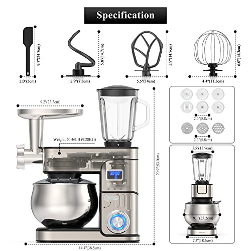 6-IN-1 Stand Mixer, 1200W LCD Display Kitchen Electric Mixer, 6.5QT Stainless Steel Bowl Mixer, Multi-Function Kitchen Mixer With Dough Hook, Whisk, Beater, Meat Grinder, Blender, Splash Guard