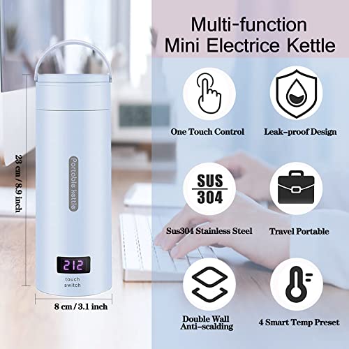 Travel Electric Kettle Small Portable Electric Kettle, 380ML Mini Tea Kettle with 4 Variable Presets, 304 Stainless Steel Kettle Water Boiler, Auto Shut-Off & Boil Dry Protection, BPA Free(Blue)