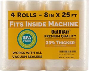 8″ x 25′ rolls (fits inside machine) – 4 pack (100 feet total) outofair vacuum sealer rolls. works with foodsaver vacuum sealers. 33% thicker, bpa free, sous vide, commercial grade