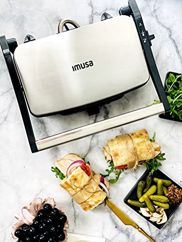 IMUSA USA Electric Stainless Steel Panini Press with Adjustable Temperature Settings and Nonstick Plates, 1200W